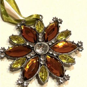 Pottery Barn Jewel Christmas ornament  4x4" Amber/citron rhinestones/snowflake